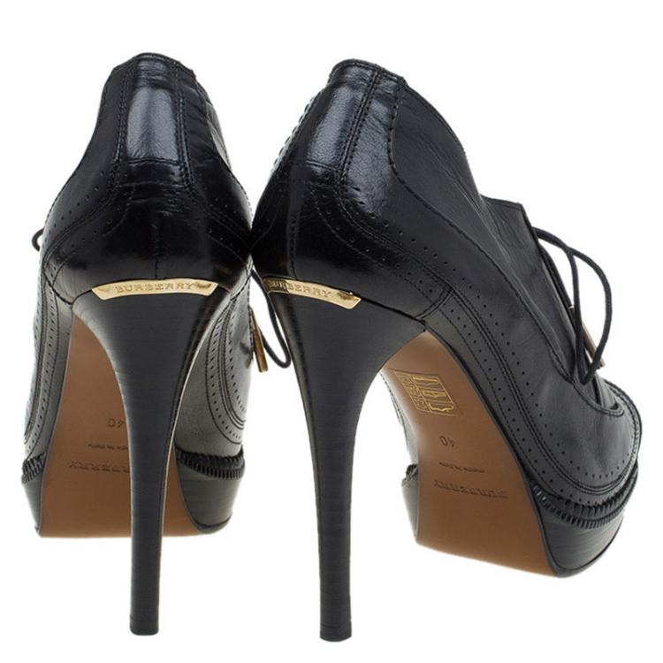 Pre Owned Burberry Black Brogue Leather Lace Up Platform Ankle Boots Size 40