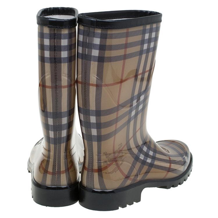 Pre Owned Burberry Beige Housecheck Rubber Rain Boots Size 39