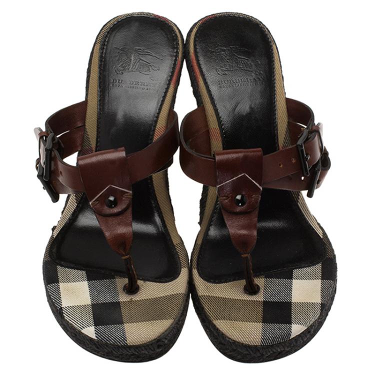 Pre Owned Burberry Brown Leather Thong Espadrilles Wedges Size 38