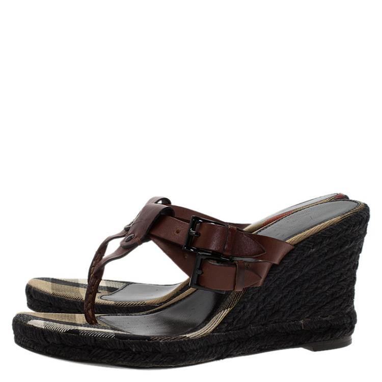 Pre Owned Burberry Brown Leather Thong Espadrilles Wedges Size 38