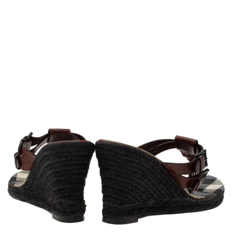 Pre Owned Burberry Brown Leather Thong Espadrilles Wedges Size 38