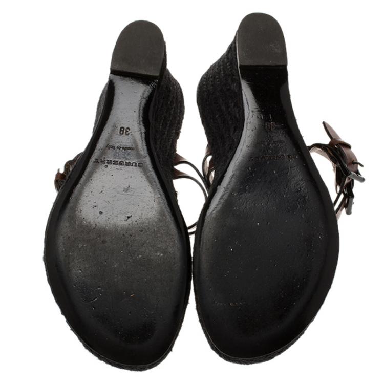 Pre Owned Burberry Brown Leather Thong Espadrilles Wedges Size 38