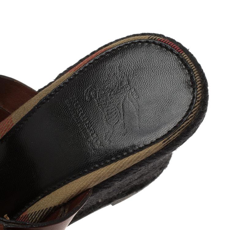 Pre Owned Burberry Brown Leather Thong Espadrilles Wedges Size 38