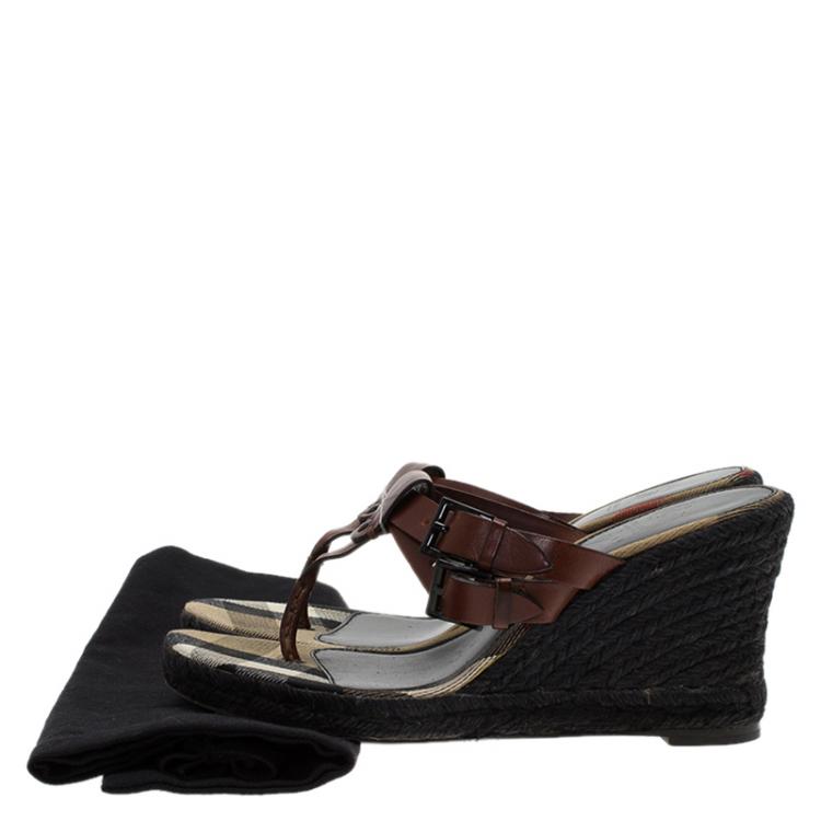 Pre Owned Burberry Brown Leather Thong Espadrilles Wedges Size 38