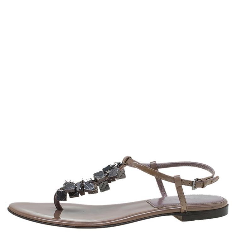 Pre Owned Burberry Brown Patent Embellished Leather Thong Sandals Size 39