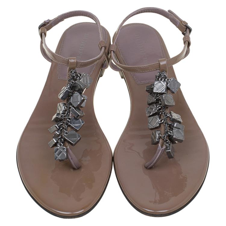 Pre Owned Burberry Brown Patent Embellished Leather Thong Sandals Size 39