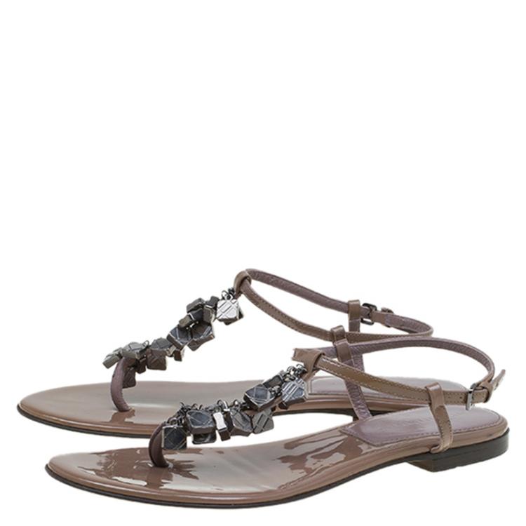 Pre Owned Burberry Brown Patent Embellished Leather Thong Sandals Size 39