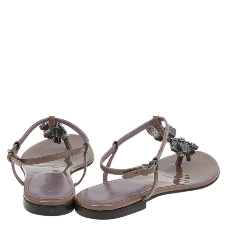 Pre Owned Burberry Brown Patent Embellished Leather Thong Sandals Size 39