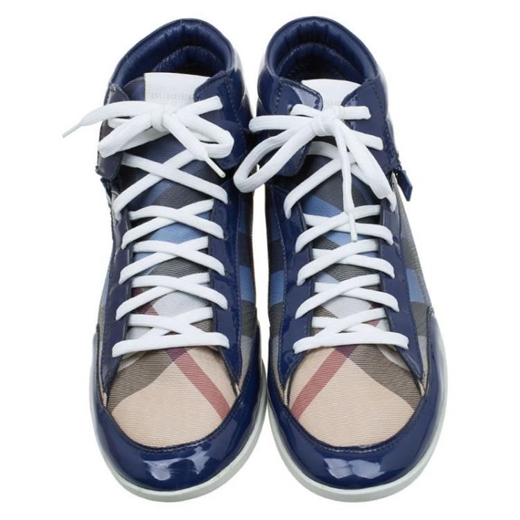 Pre Owned Burberry Blue Ombre Nova Check Canvas and Leather Hi Top Sneakers Size 39