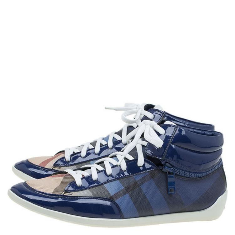 Pre Owned Burberry Blue Ombre Nova Check Canvas and Leather Hi Top Sneakers Size 39