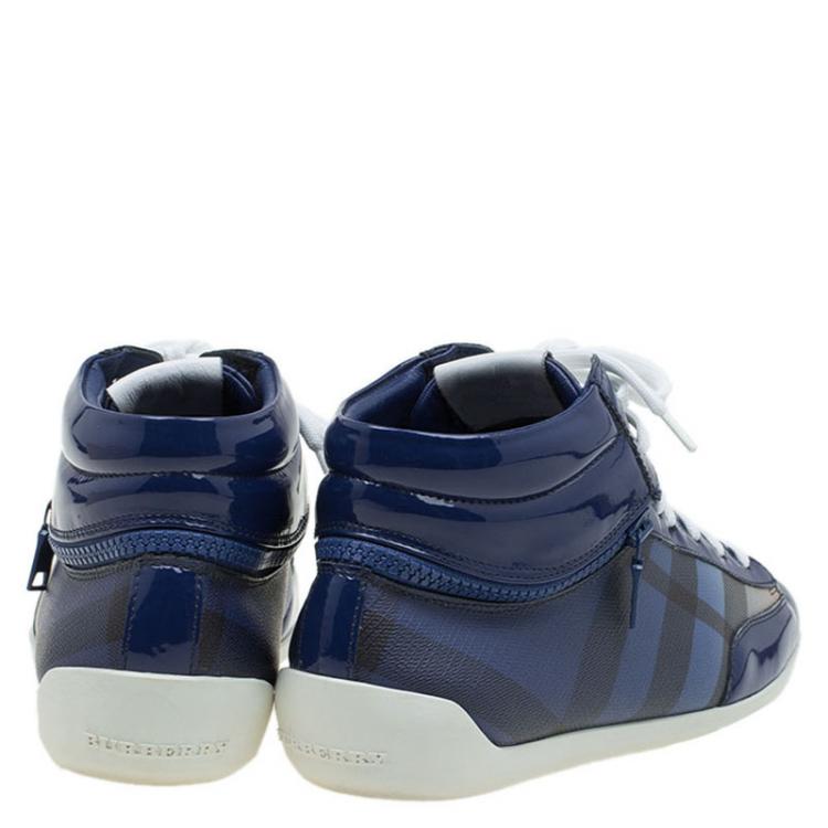 Pre Owned Burberry Blue Ombre Nova Check Canvas and Leather Hi Top Sneakers Size 39