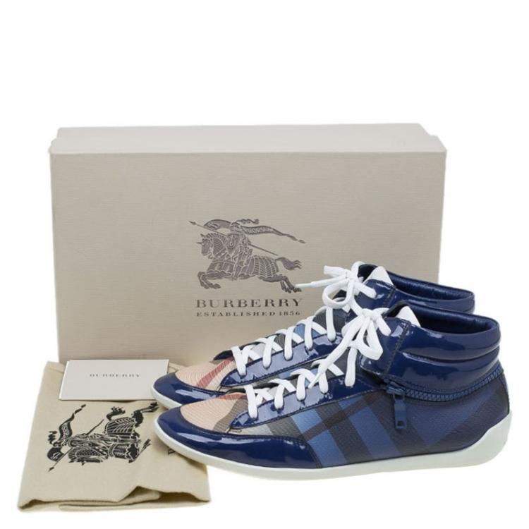 Pre Owned Burberry Blue Ombre Nova Check Canvas and Leather Hi Top Sneakers Size 39