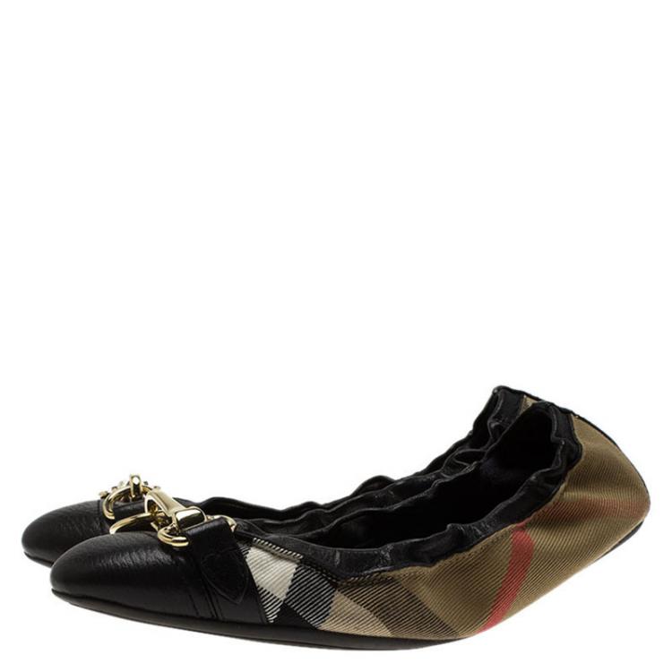 Pre Owned Burberry Beige Nova Check Canvas and Black Leather Shipley Ballerina Flats Size 37.5