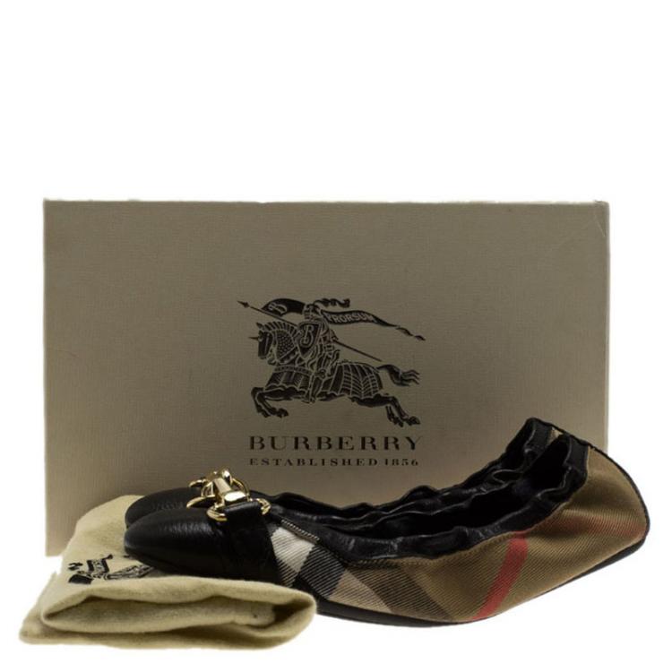 Pre Owned Burberry Beige Nova Check Canvas and Black Leather Shipley Ballerina Flats Size 37.5