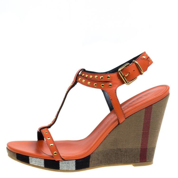 Burberry Orange Leather Supernova Check Canvas T Strap Wedge Sandals Size  41 Burberry | TLC