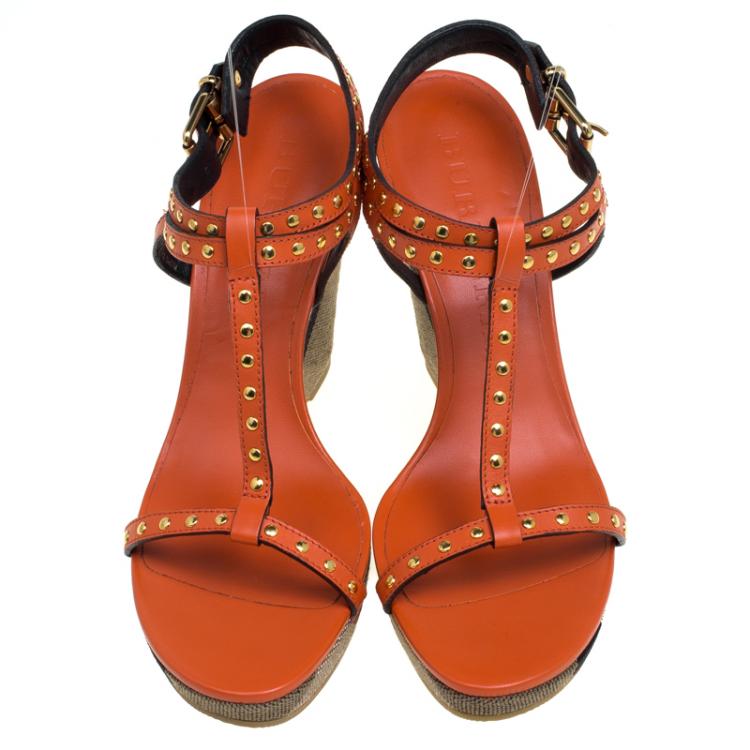 مملوكة مسبقًا Burberry Orange Leather Supernova Check Canvas T Strap Wedge Sandals Size 41