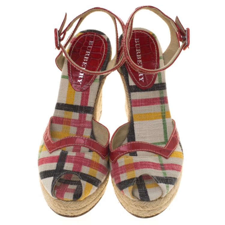 Pre Owned Burberry Multicolor Checked Canvas and Embossed Croc Leather Espadrille Wedge Sandals Size 38