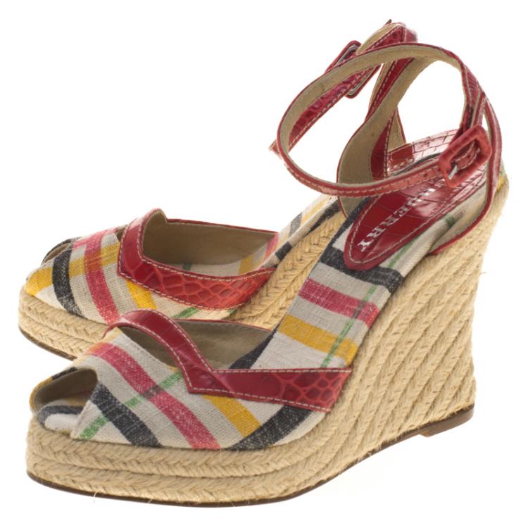 Pre Owned Burberry Multicolor Checked Canvas and Embossed Croc Leather Espadrille Wedge Sandals Size 38