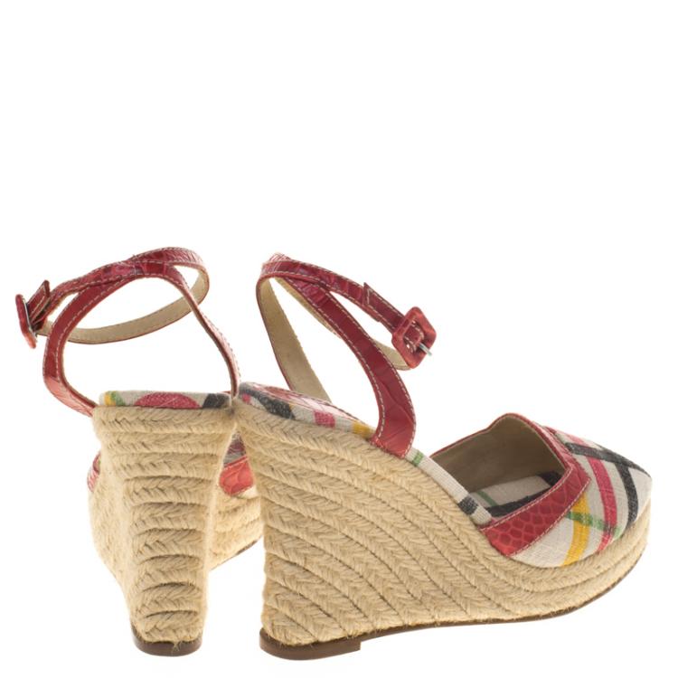 Pre Owned Burberry Multicolor Checked Canvas and Embossed Croc Leather Espadrille Wedge Sandals Size 38