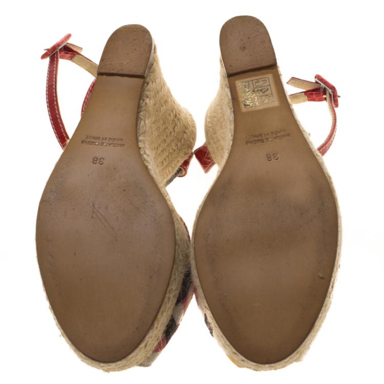 Pre Owned Burberry Multicolor Checked Canvas and Embossed Croc Leather Espadrille Wedge Sandals Size 38