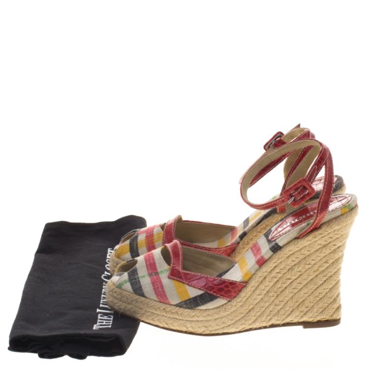 Pre Owned Burberry Multicolor Checked Canvas and Embossed Croc Leather Espadrille Wedge Sandals Size 38