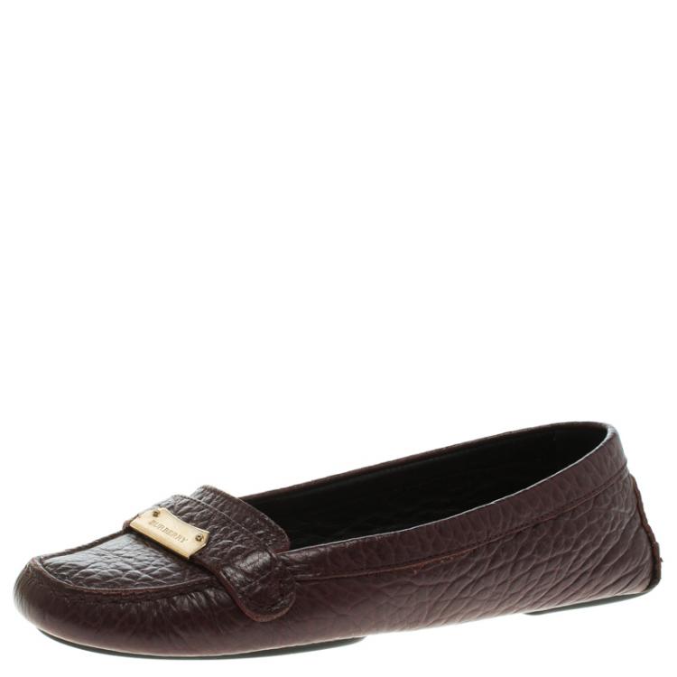 Pre Owned Burberry Burgundy Leather Signature Loafers Size 38