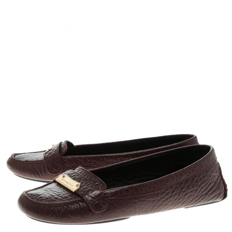 Pre Owned Burberry Burgundy Leather Signature Loafers Size 38