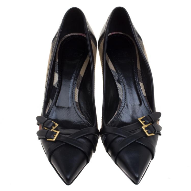 Pre Owned Burberry Black Leather And Nova Check Canvas Pointed Toe Buckle Pumps Size 40
