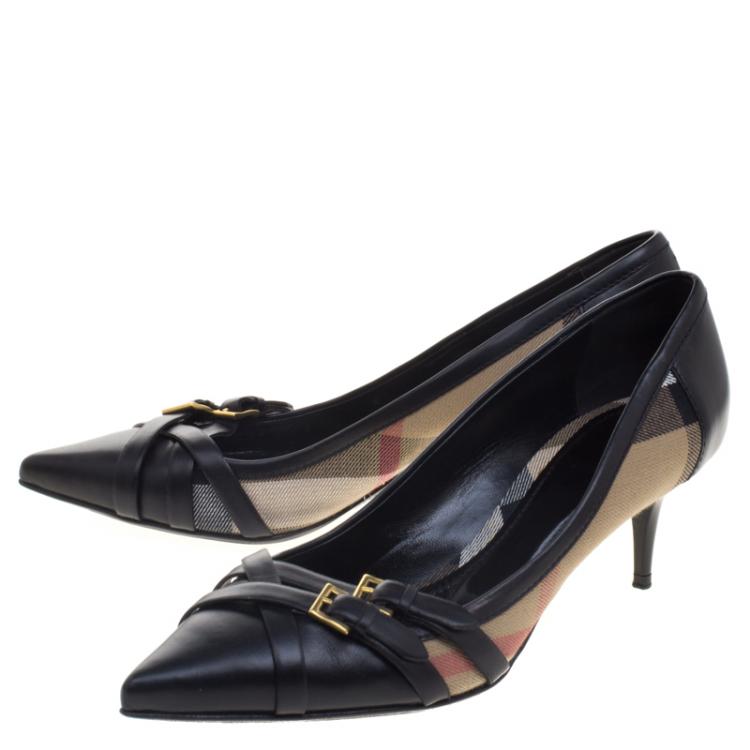 Pre Owned Burberry Black Leather And Nova Check Canvas Pointed Toe Buckle Pumps Size 40