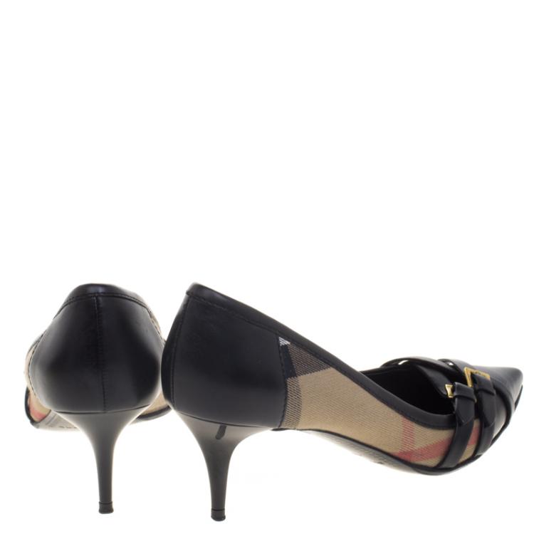 Pre Owned Burberry Black Leather And Nova Check Canvas Pointed Toe Buckle Pumps Size 40
