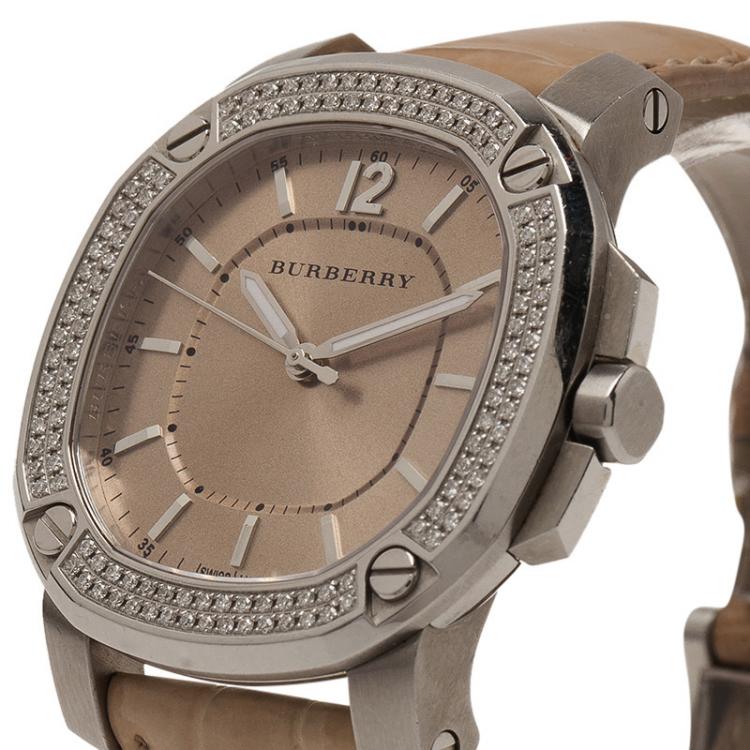 Pre Owned Burberry Cream Stainless Steel Diamonds Britain Women's Wristwatch 38MM