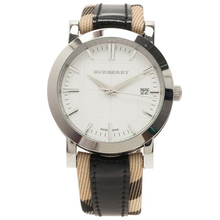 Pre Owned Burberry White Stainless Steel Heritage BU1388 Women's Wristwatch 38MM 
