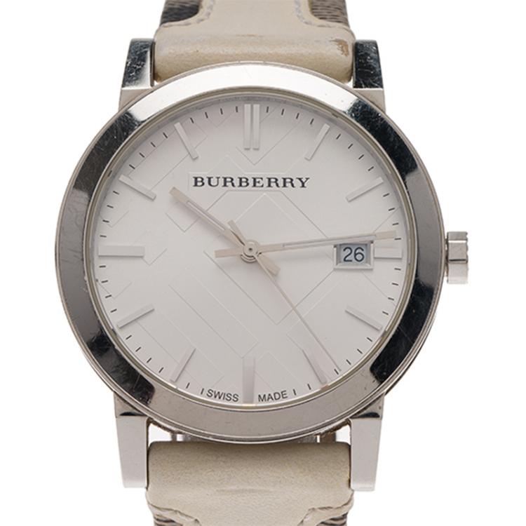 Pre Owned Burberry White Stainless Steel Heritage BU1388 Women's Wristwatch 38MM 