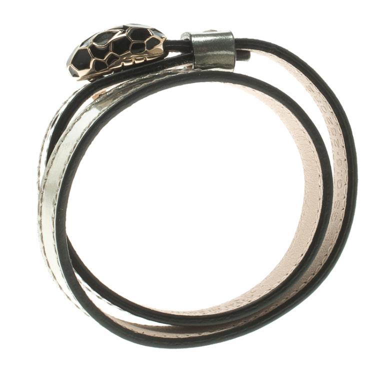 Pre Owned Bvlgari Serpenti Forever Enamel Double Coiled Silver Leather Gold Plated Bracelet