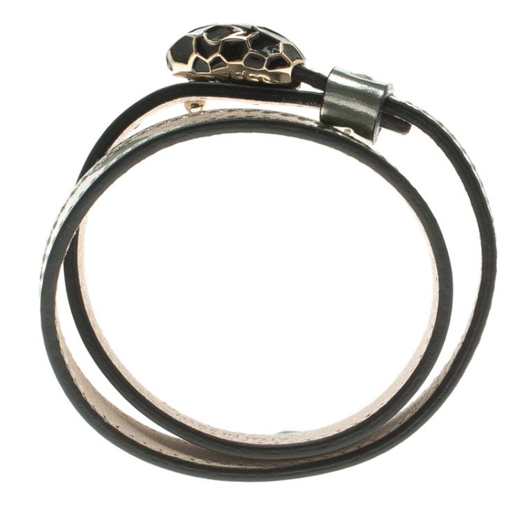 Pre Owned Bvlgari Serpenti Forever Enamel Double Coiled Silver Leather Gold Plated Bracelet