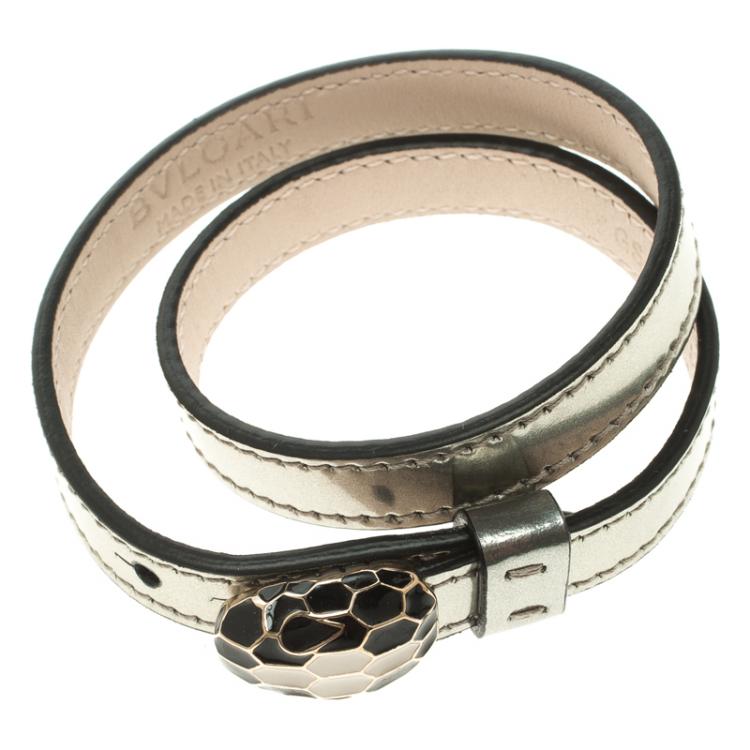 Pre Owned Bvlgari Serpenti Forever Enamel Double Coiled Silver Leather Gold Plated Bracelet