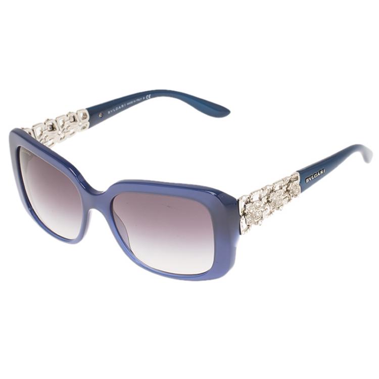 Pre Owned Bvlgari Blue Silver Tone Flower Crystal Embellished Square Sunglasses