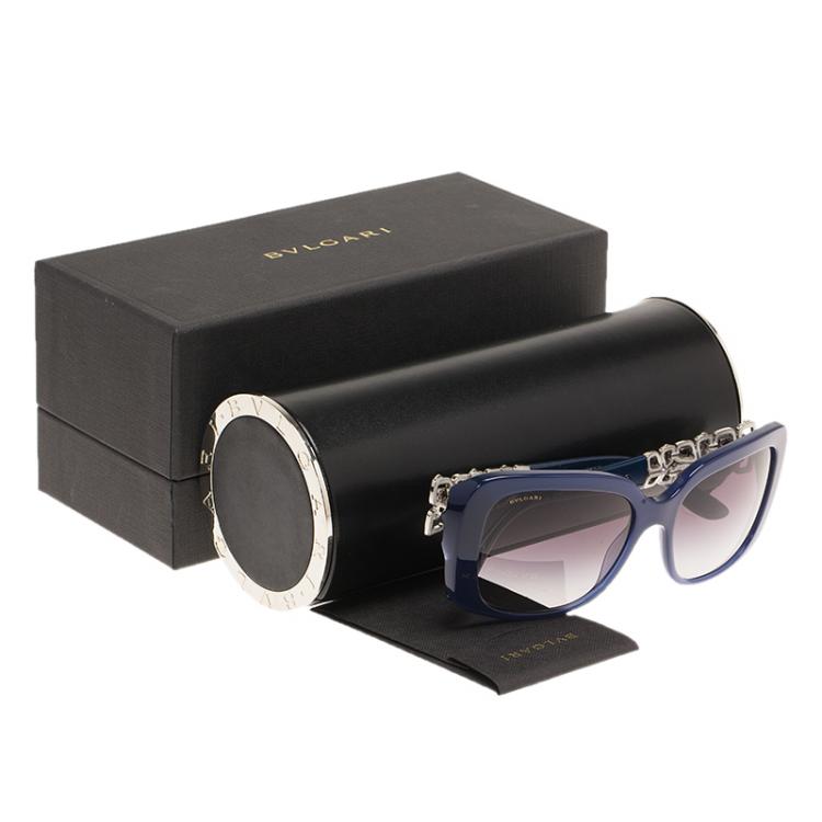 Pre Owned Bvlgari Blue Silver Tone Flower Crystal Embellished Square Sunglasses