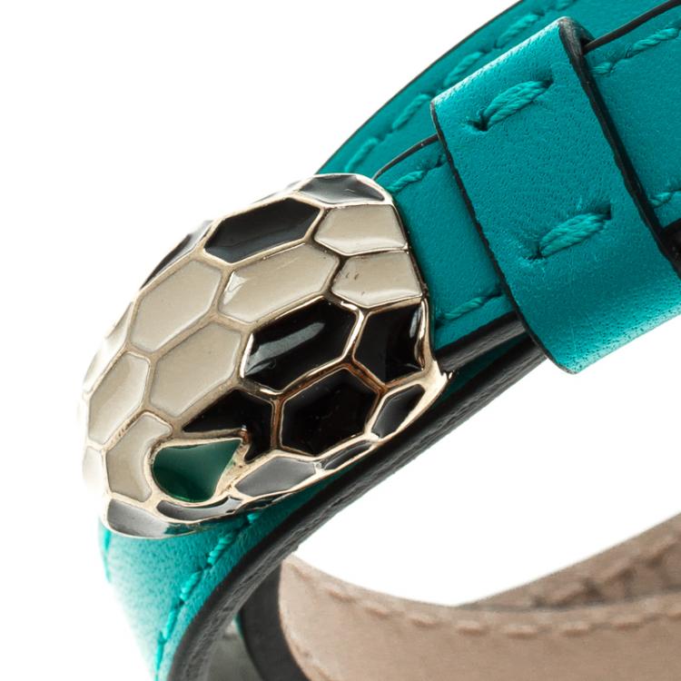 Pre Owned Bvlgari Serpenti Forever Enamel Turquoise Double Coiled Leather Gold Plated Bracelet