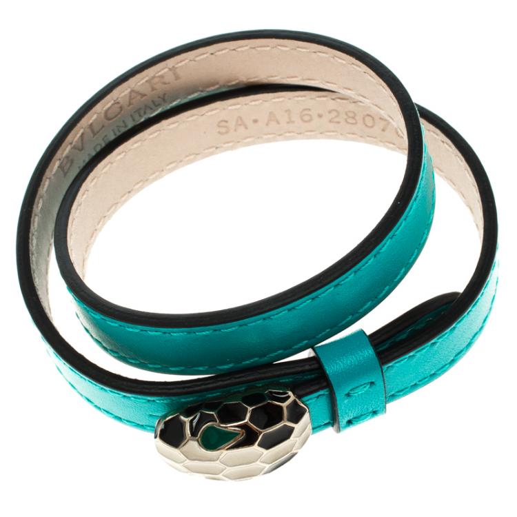 Pre Owned Bvlgari Serpenti Forever Enamel Turquoise Double Coiled Leather Gold Plated Bracelet
