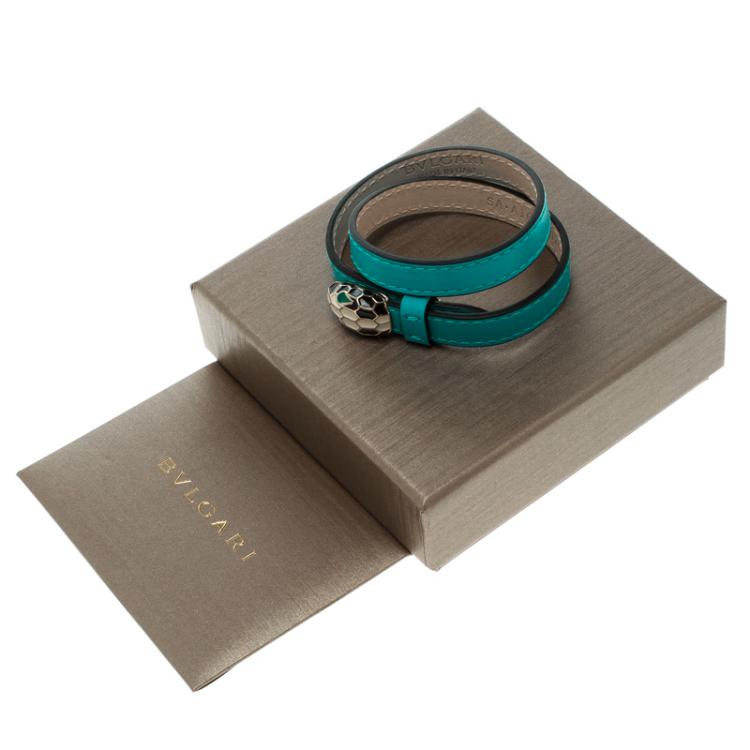 Pre Owned Bvlgari Serpenti Forever Enamel Turquoise Double Coiled Leather Gold Plated Bracelet