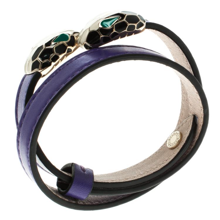 Pre Owned Bvlgari Serpenti Forever Enamel Violet Double Coiled Leather Gold Plated Bracelet