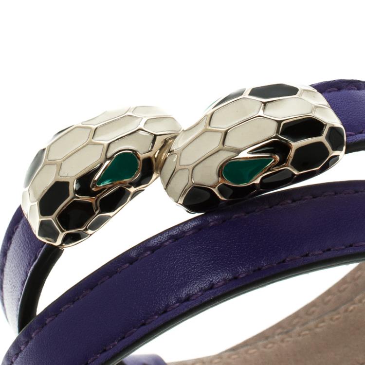 Pre Owned Bvlgari Serpenti Forever Enamel Violet Double Coiled Leather Gold Plated Bracelet