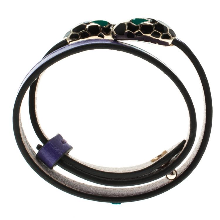 Pre Owned Bvlgari Serpenti Forever Enamel Violet Double Coiled Leather Gold Plated Bracelet