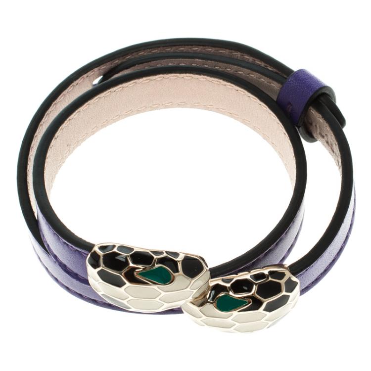 Pre Owned Bvlgari Serpenti Forever Enamel Violet Double Coiled Leather Gold Plated Bracelet