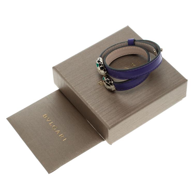Pre Owned Bvlgari Serpenti Forever Enamel Violet Double Coiled Leather Gold Plated Bracelet