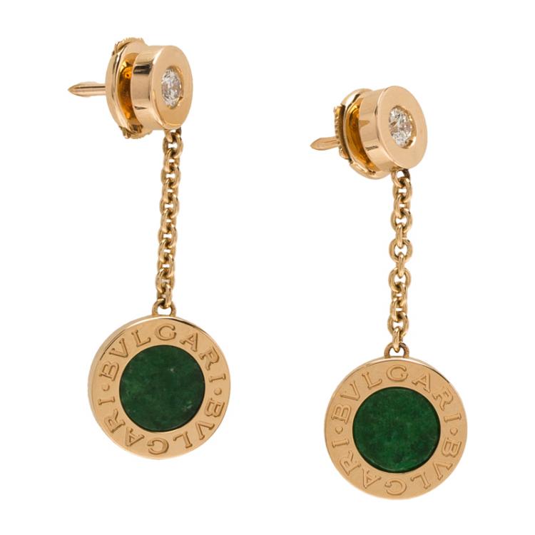 Pre Owned Bvlgari Bvlgari Diamond &  Jadeite Jade Rose Gold Dangle Earrings