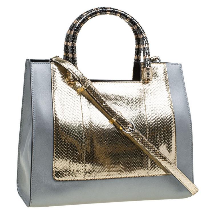 Pre Owned Bvlgari Grey/Gold Leather and Snakeskin Medium Serpenti Tote