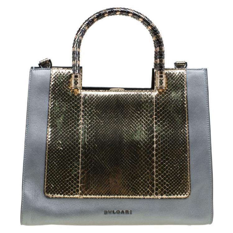 Pre Owned Bvlgari Grey/Gold Leather and Snakeskin Medium Serpenti Tote
