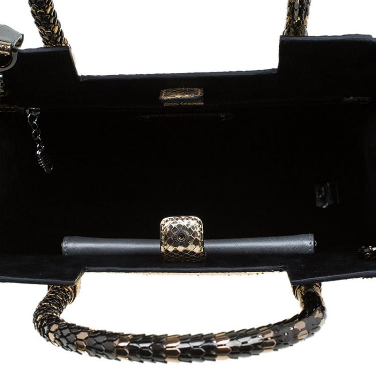 Pre Owned Bvlgari Grey/Gold Leather and Snakeskin Medium Serpenti Tote